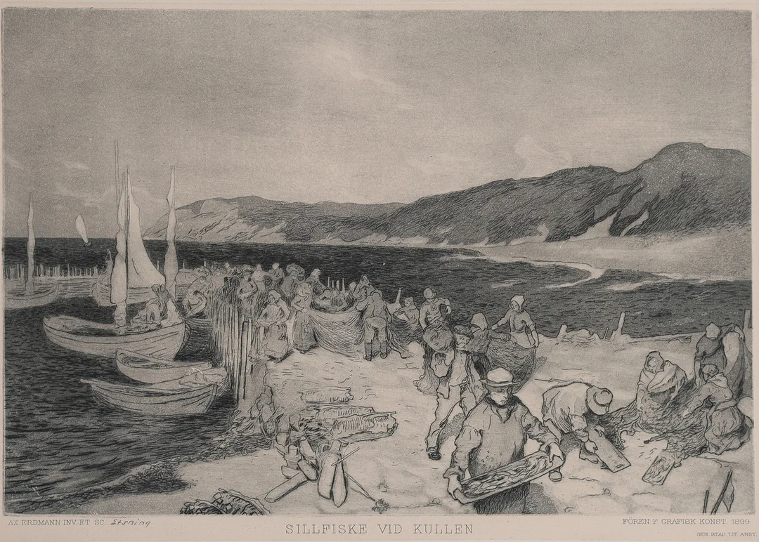AXEL ERDMANN. "SILLFISKE VID KULLEN". — Engravings & Prints — Crafoord Auktioner Lund
