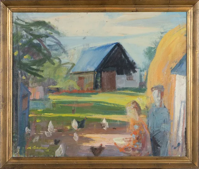 OLLE SVANLUND. Gårdsmotiv, olja på duk.