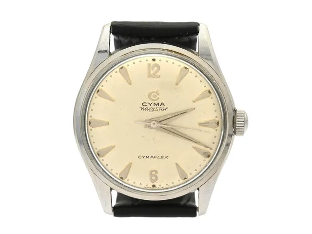 CYMA, Navystar, Cymaflex, Cal R.446, Verk nr. 30380, Boett nr. 2-3349-6 / 110, herrur, 35 mm, stål, manuell, plexiglas, skadad urtavla, läderband, originalspänne i stål, ca 1960.