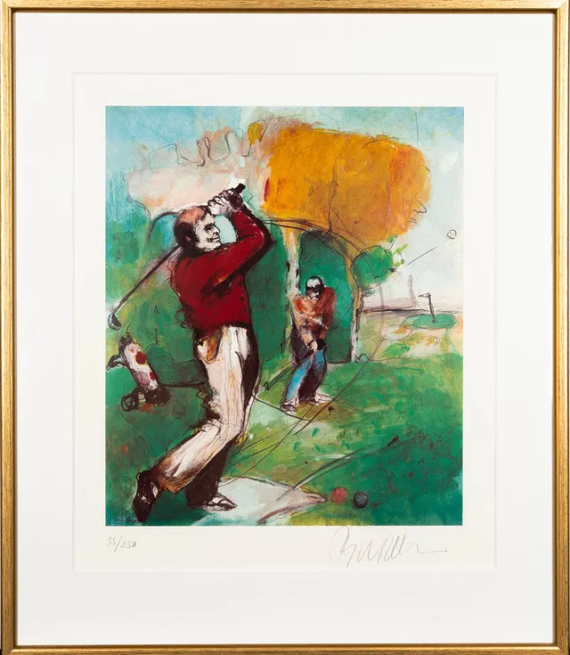 BILL OLSON. Färglitografi, golfmotiv, signerad, numrerad 55/250.