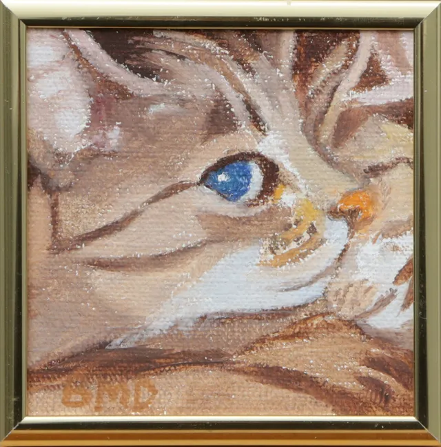 BARBRO DANIELSSON. MINIOLJA, på pannå, kattmotiv, signerad.