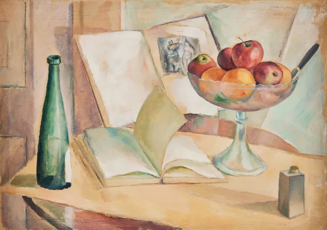 LEANDER ENGSTRÖM. Still life with fruit bowl, books and bottle.