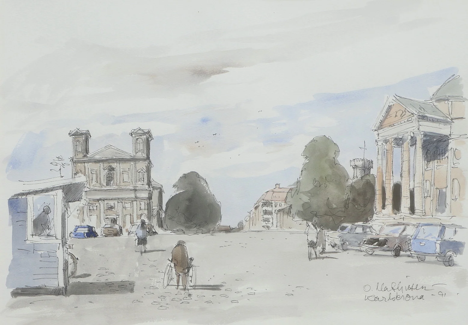OVE MATHIESEN. Akvarell, Stortorget, Karlskrona, signerad, daterad -91. — Paintings — Ekenbergs Auktioner