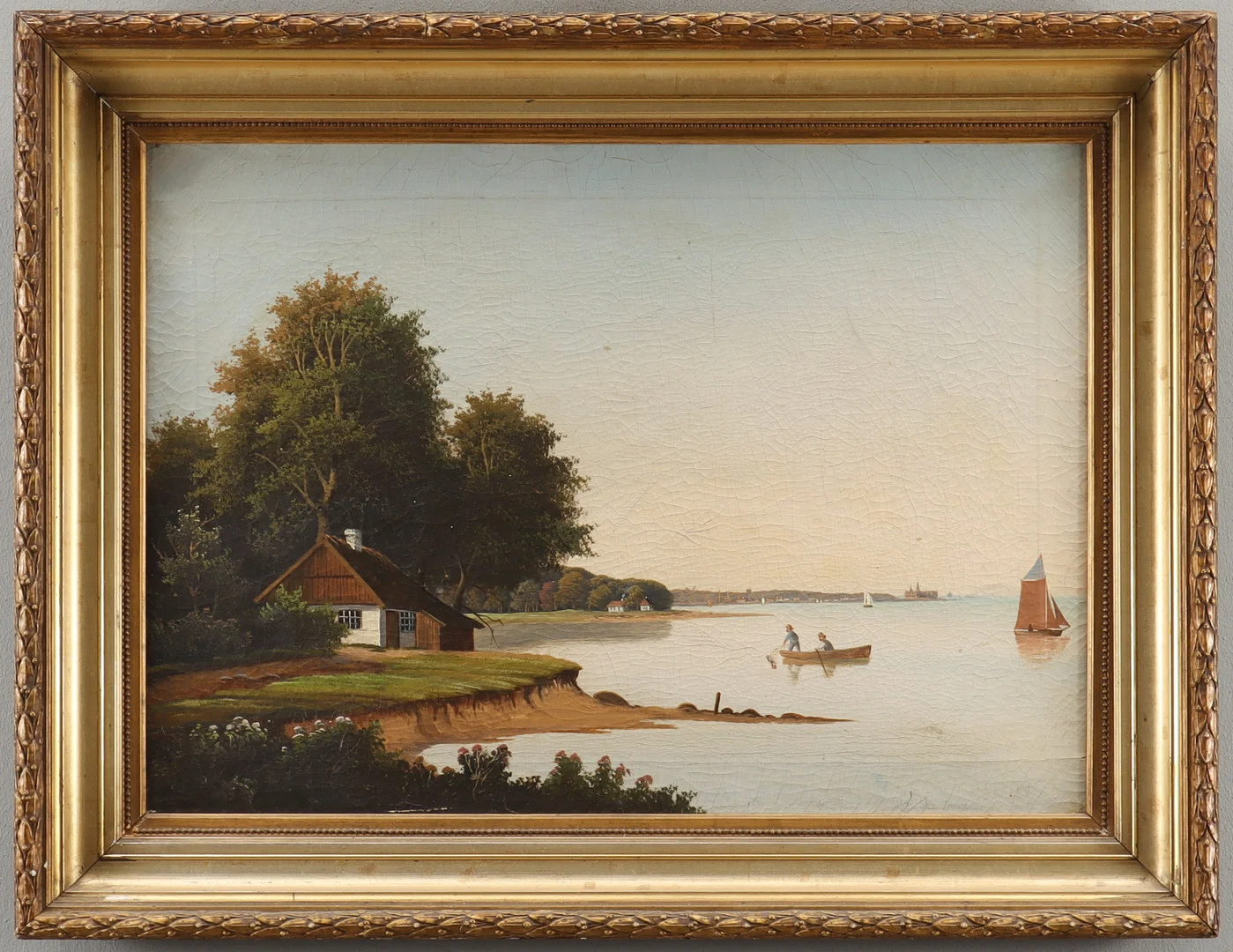 SIEGFRIED HASS. TILLSKRIVEN. Kustlandskap med vy mot Helsingör och Kronborgs slott. — Paintings — Karlstad Hammarö Auktionsverk