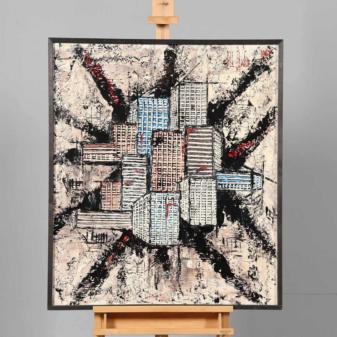 BILL FLODIN. OLJA PÅ PANNÅ, "Staden växer", signerad samt daterad 1967. — Paintings — Borås Auktionshall