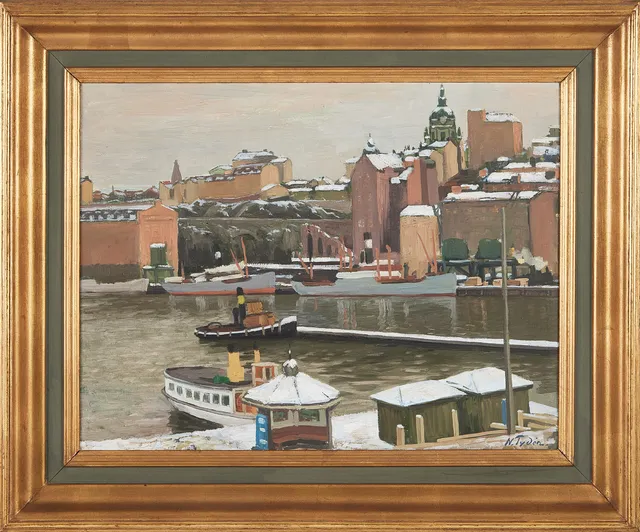 NILS TYDÉN. Stadsgårdskajen, Stockholm, olja på duk, signerad N. Tydén.
