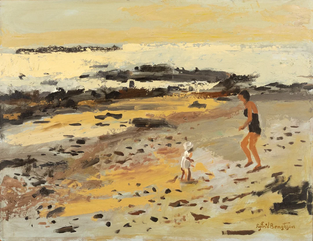 SIGFRID BENGTSSON. olja på pannå, "Badstrand", signerad. — Paintings — Karljohan Auktioner
