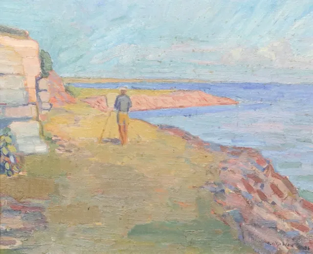 BERTIL LILJEBLAD. "Målare vid havet". Olja på duk, signerad B. Liljeblad, daterad 46.