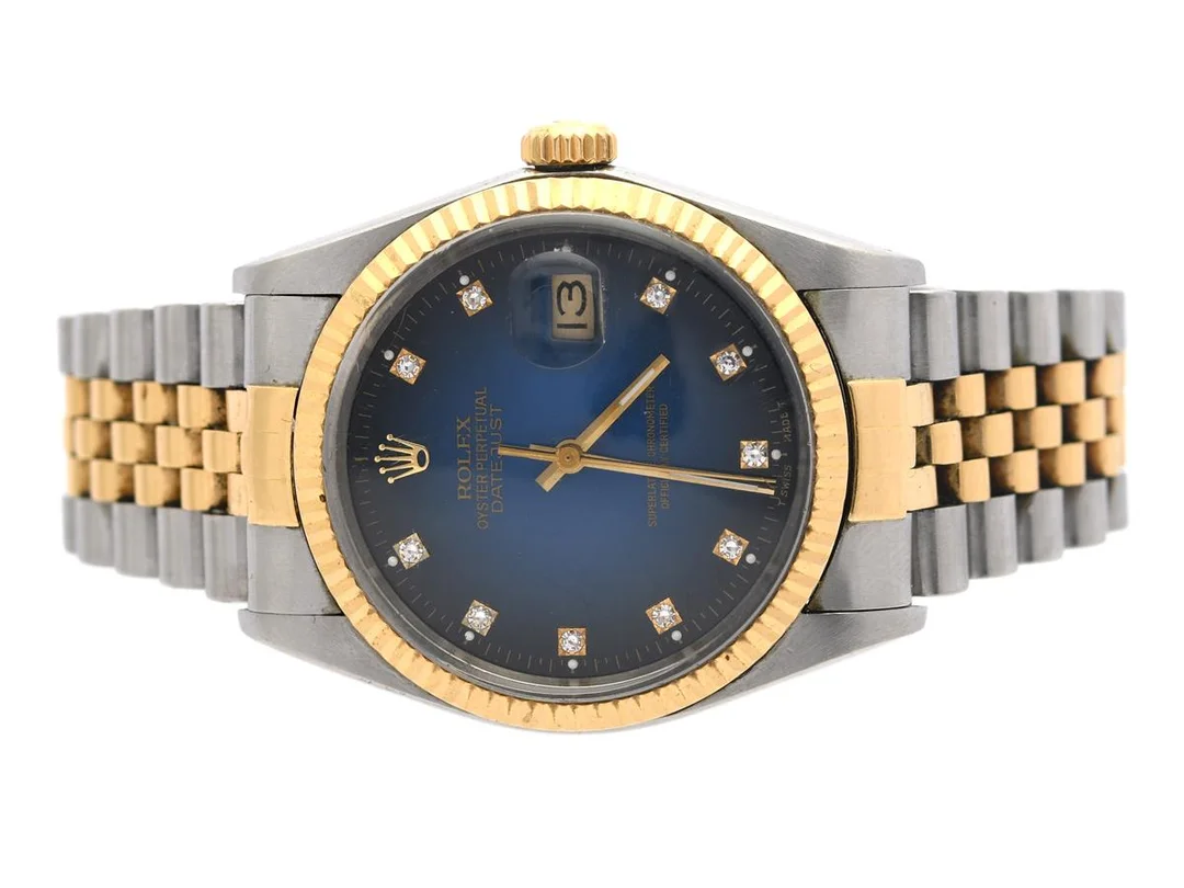 ROLEX, Oyster Perpetual, Datejust, Chronometer, s.k. "Dégradé Diamond Dial", Ref nr. 16013, Serie nr. R750528, Cal 3035, Verk nr, 1357234, Boett nr. 16000, herrur, 36 mm, stål/guld, automatisk, plexiglas, datum, diamanturtavla (10 st. 8/8), utbytt urtavla (Luminova), defekt (akut servicebehov), Jubileelänk, viklås, Ref nr. 62523H.18-M5/455, ca 1988. — Klockor/Rolex — Kaplans