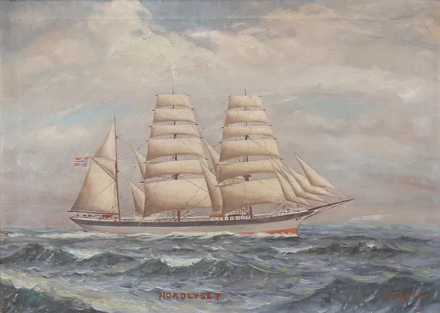 OTTO JANSSON. Segelfartyget "Nordlyset" från Norge, olja på duk, signerad.
