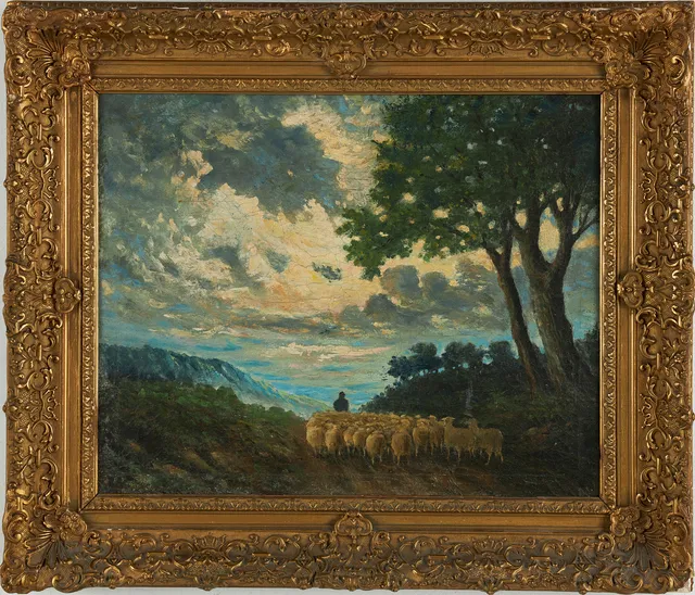 OIDENTIFIERAD KONSTNÄR. Landskap med får och herde, 1800/1900-tal, olja på duk.