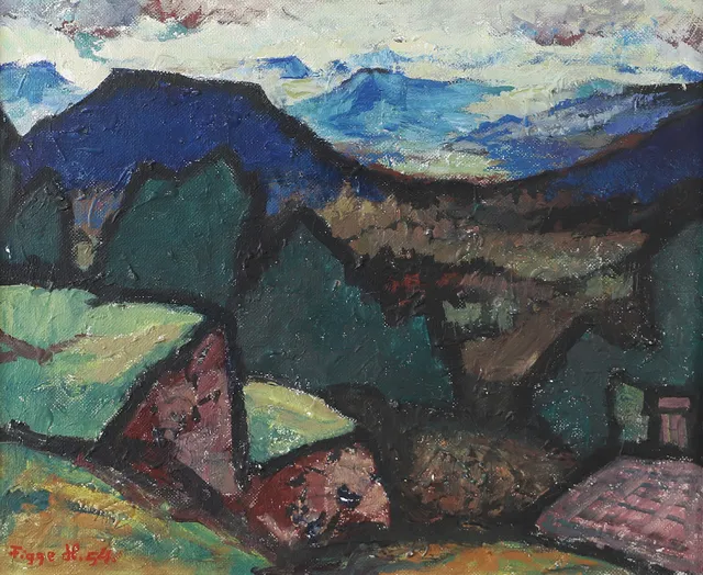 FIGGE HOLMGREN. Bergslandskap, olja på pannå, signerad Figge H.