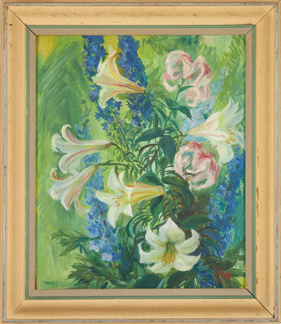 LILING NYSTRÖM. Motiv med liljor, olja på pannå, signerad Liling. — Paintings — Stockholms Auktionsverk Sickla