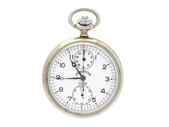 KRONOMETER STOCKHOLM, fickur, 51 mm, kronograf, Verk nr. 1888004, Boett nr. 425988, vitmetall, ankargång, ca 1970, etui.