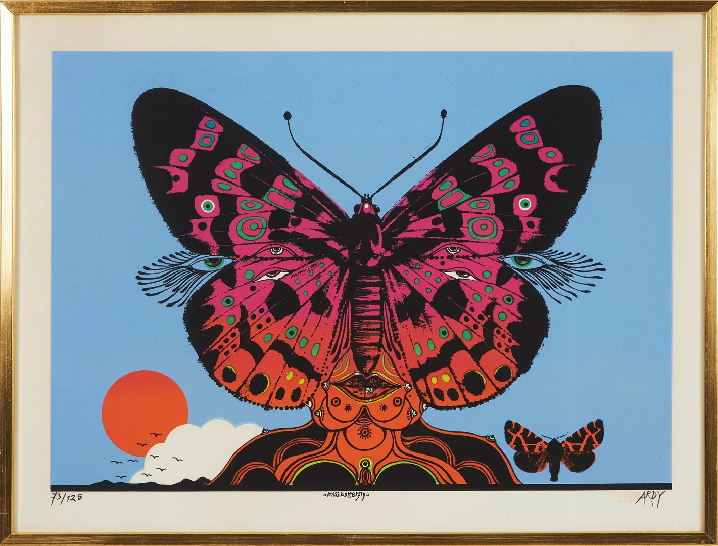 ARDY STRÜWER. "miss butterfly". signerad och numrerad 73/125, färglitografi. — Engravings & Prints — Stockholms Auktionsverk Magasin 5
