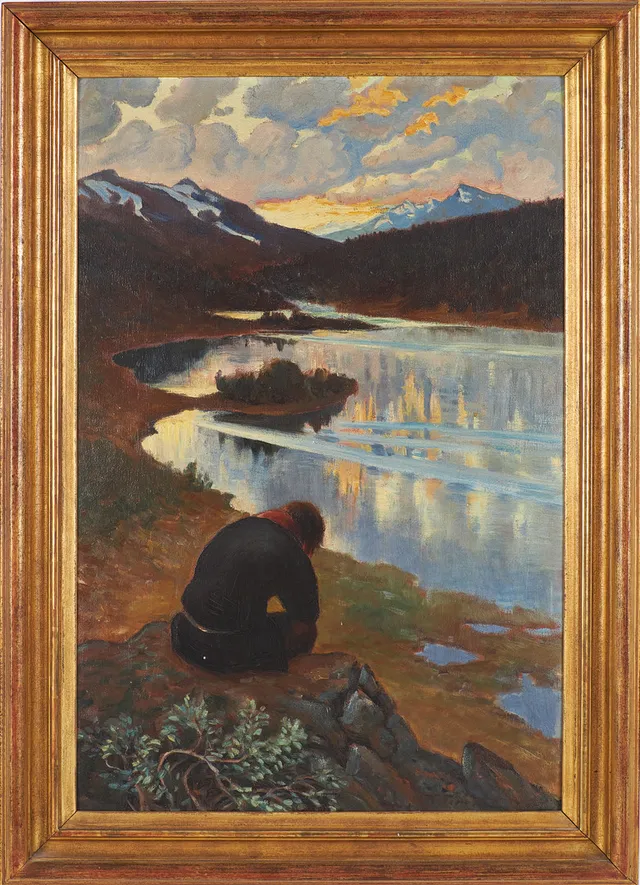 KARL TIRÉN. Man i landskap, olja på pannå, signerad.