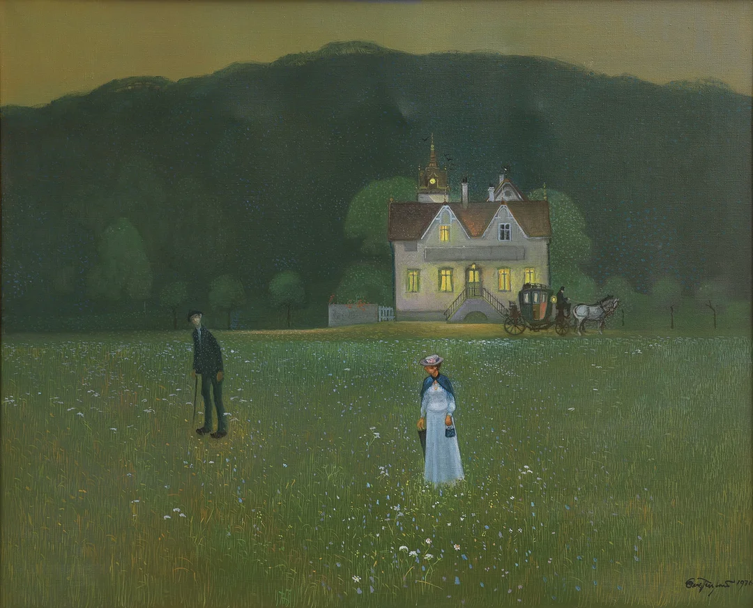 OVE PERSSON. OLJA PÅ DUK, "MÖTE I SKYMNINGEN", SIGNERAD OCH DATERAD 1976. — Paintings — Crafoord Auktioner Lund