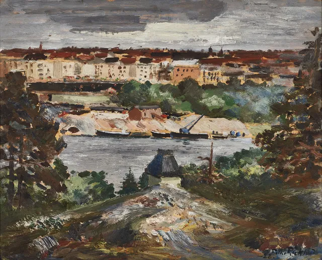 FOLKE RICKLUND (1900–1986). "Stockholm, sedd över 'Klara sjö'", signerad och daterad Folke Ricklund -28, olja på pannå med text a tergo.