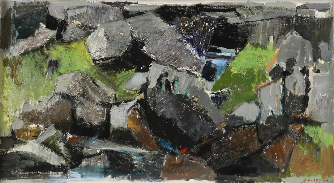 ERIK EMANUELSSON. Komposition, olja på pannå, signerad Emanuelsson. — Paintings — Helsingborgs Auktionskammare