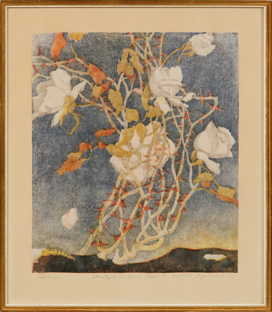 GUNHILD FRYKLUND. "Törnbusken", träsnitt, handtryck, numrerad 3/25, upplaga B. — Engravings & Prints — Göteborgs Auktionsverk