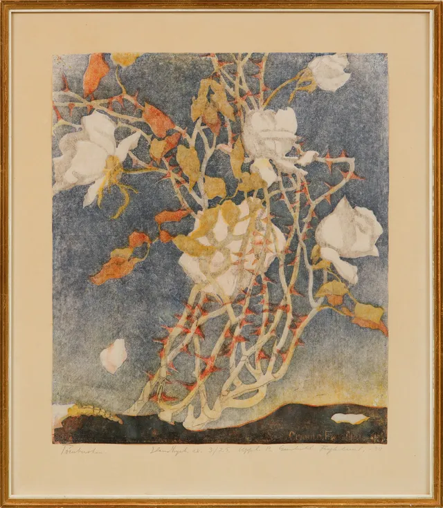 GUNHILD FRYKLUND. "Törnbusken", träsnitt, handtryck, numrerad 3/25, upplaga B.