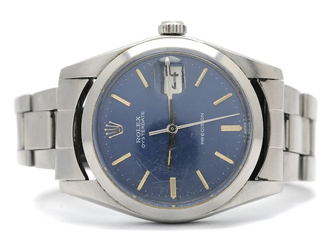 ROLEX, Oysterdate, Precision, Ref nr. 6694, Serie nr. 3715139, Cal 1225, Boett nr. 6694, herrur, 35 mm, stål, manuell, plexiglas, datum, skadad urtavla, Oysterlänk (folded), viklås, Ref nr. 357, ca 1973. — Klockor/Rolex — Kaplans