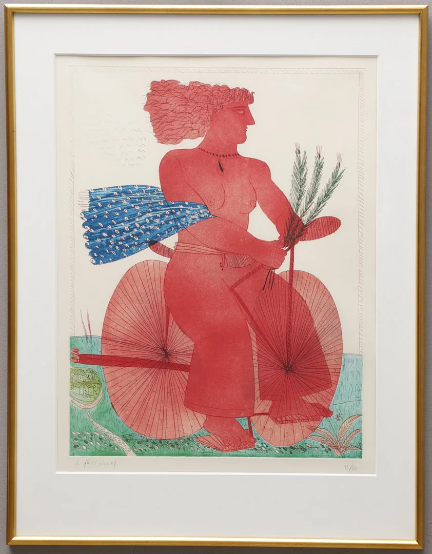 ALEXANDRE FASSIANOS. Figur på cykel, etsning, signerad, numrerad 13/70. — Engravings & Prints — Växjö Auktionskammare