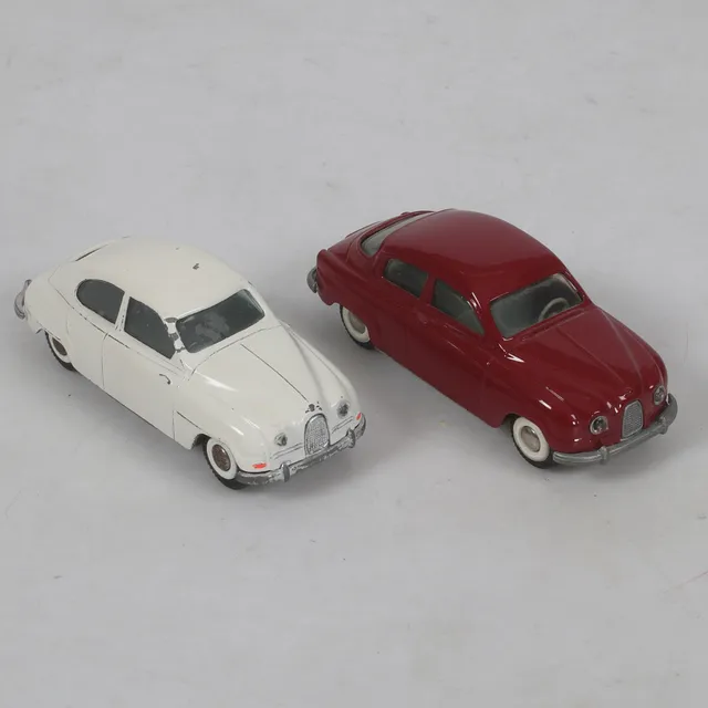 MODELLBILAR, 2 st, plåt, Saab 93/Saab 96. Nr 821/827, Tekno Toys, Danmark.