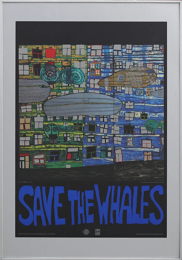 FRIEDENSREICH HUNDERTWASSER. "Save the Whales", silverpräglat offsettryck, osignead. — Engravings & Prints — Garpenhus Auktioner