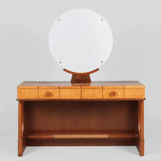Toiletmøbel/sminkebord af mahogni og masurbirk med spejl og skuffer, art deco, ca. 1930'erne.