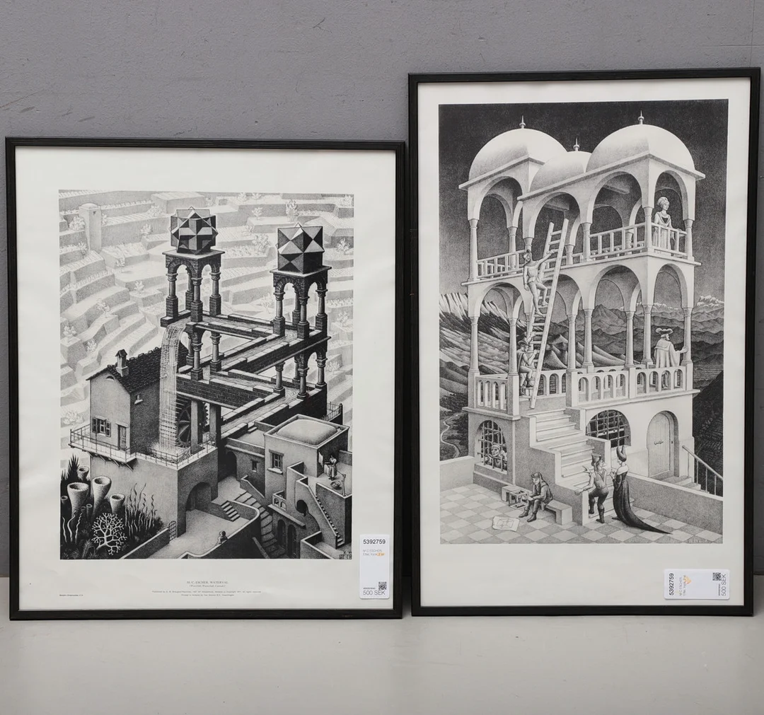 M C ESCHER. Efter, tryck, 2 st. — Engravings & Prints — Växjö Auktionskammare