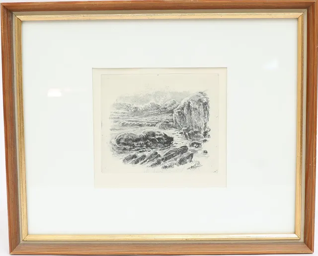 BERTIL BULL HEDLUND. Havsbild med klippor, etsning, med blindstämpel.