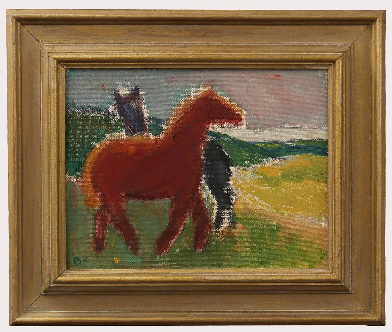 BRITA AF KLERCKER. Olja på pannå, två hästar på fält, monogramsignerad BK. — Paintings — Limhamns Auktionsbyrå