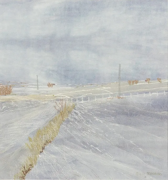 GULL NILSSON. Texilapplikation, vinterlandskap, signerad.