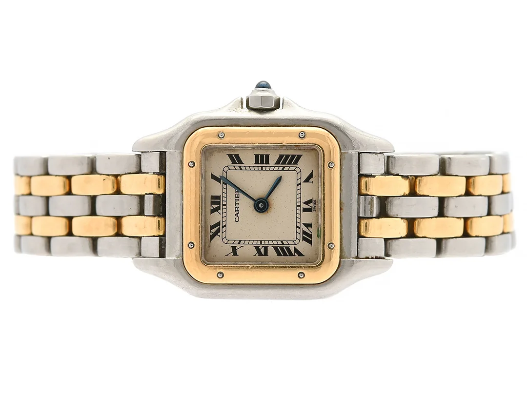 CARTIER, Panthère, Cal 66, Boett nr. 66921005621, damur, 21,5 x 21,5 (29,5) mm, stål/guld, quartz, safirglas, skadad urtavla, defekt, originallänk (2-radig), viklås, ca 1985. — Klockor/Cartier — Kaplans