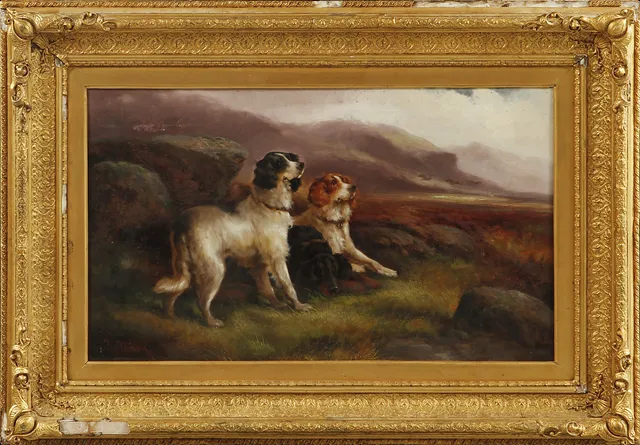 OKÄND KONSTNÄR. Hundar på hed. Olja på duk, signerad R. Heminson.Storbritannien, 1800-talets senare hälft.