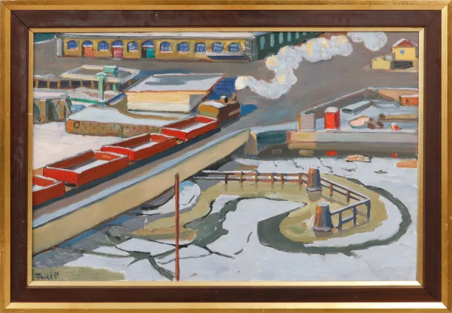 FOLKE PERSSON. Hamnmotiv, olja på duk, signerad.