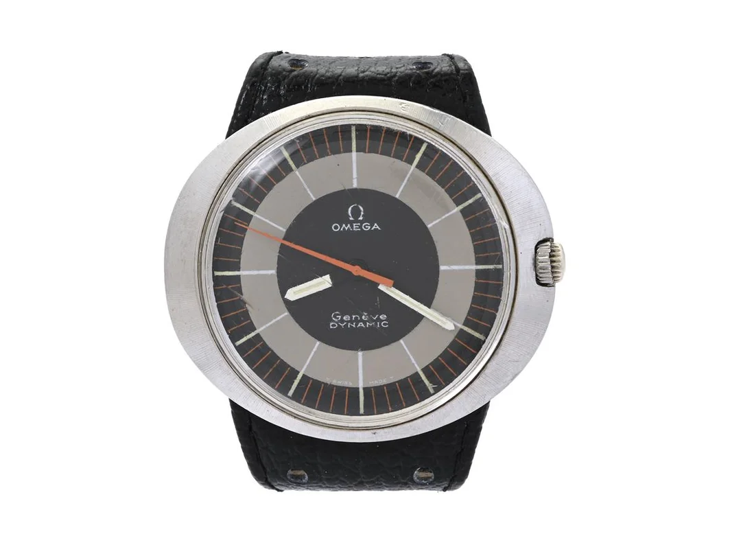 OMEGA, Genève, Dynamic I (T Swiss Made T), Cal 601, Serie nr. 27808509, Ref nr. ST 166.033, Boett nr. 135.033/136.033/165.039/166.039, herrur, 41 x 36 mm, stål, manuell, plexiglas, skadad krona, integrerat läderband, originalspänne, ca 1968. — Klockor/Omega — Kaplans