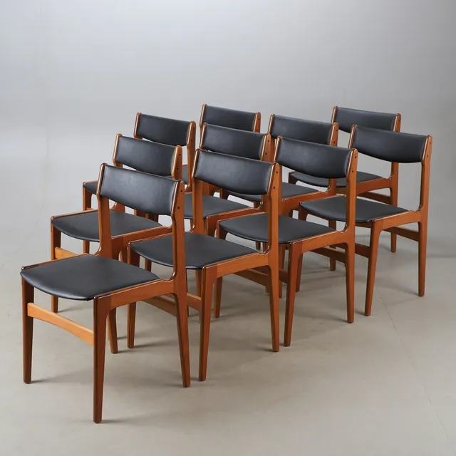 ERIK BUCH. Stolar, 10 stycken, teak och konstskinn, 1900-talets mitt.