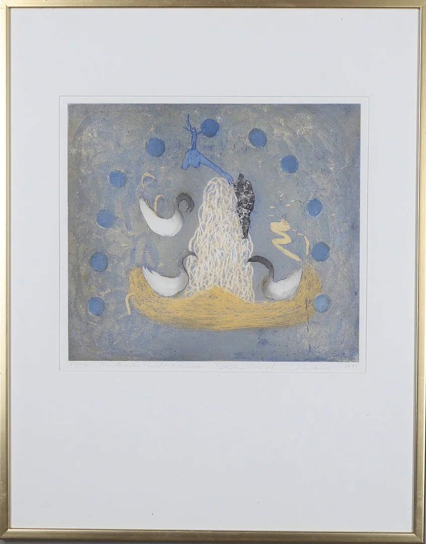 HELMTRUD NYSTRÖM. "Min broder med tre svanar", färgetsning, signerad, numrerad 63/!50 och daterad 1991. — Engravings & Prints — Gomér & Andersson Norrköping