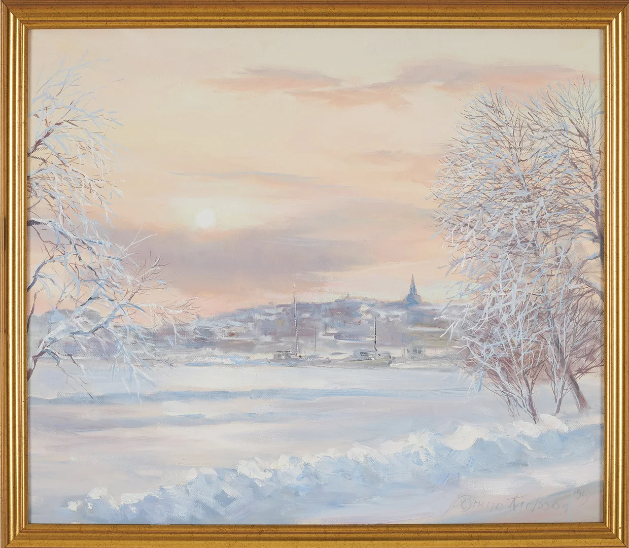 BRUNO KARLSSON. "Midvinterljus (Från Djurgården mot Söder)", olja på duk, signerad och daterad Bruno Karlsson 99. — Paintings — Stockholms Auktionsverk Sickla