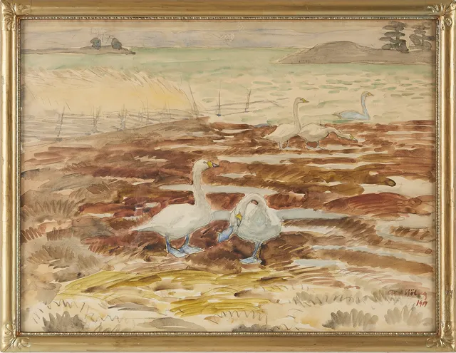AXEL SJÖBERG (1866-1950). Fåglar i skärgårdslandskap, akvarell på papper, signerad Axel Sjöberg 1919.