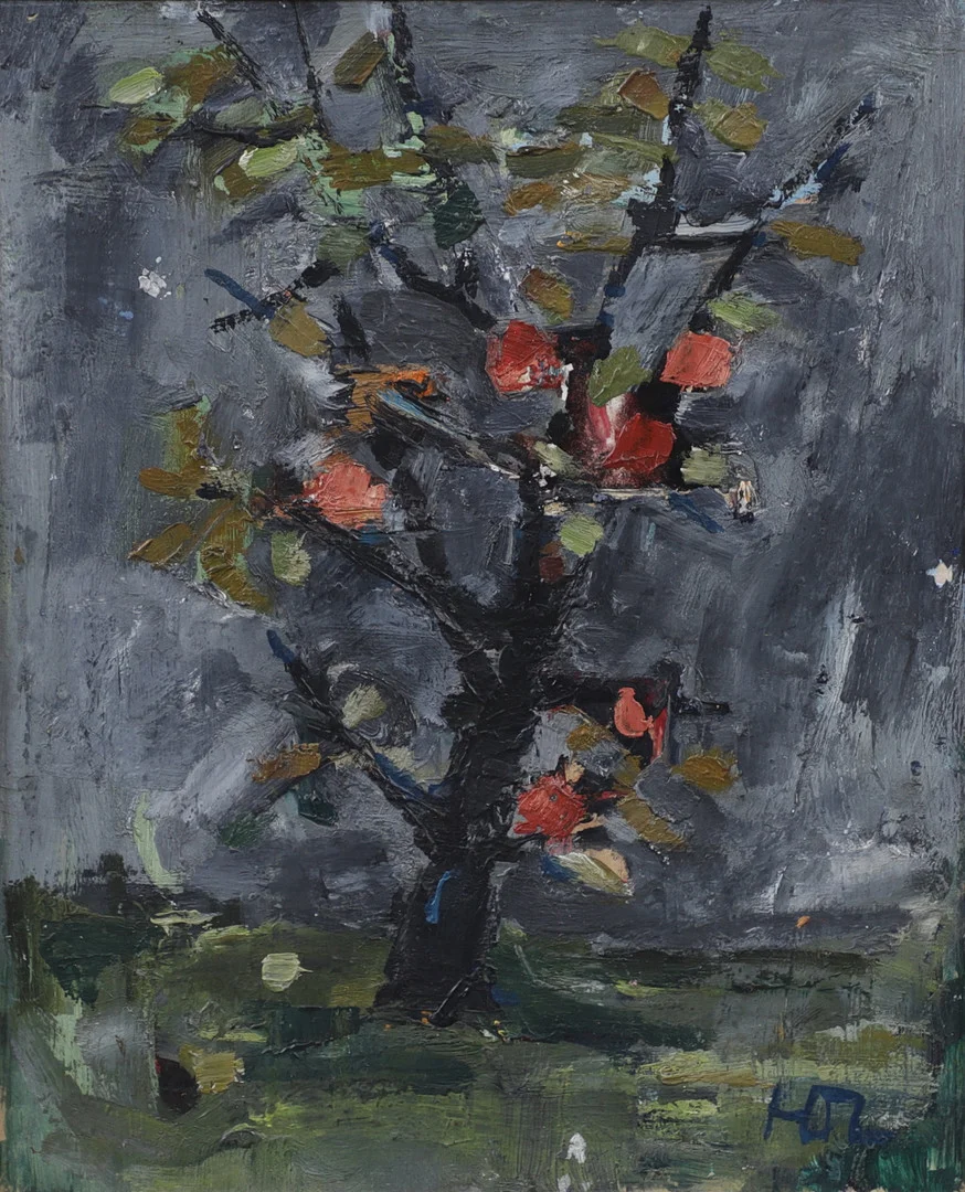 HANS OSVALD LARSSON. "Äppelträd", olja på pannå, signerad. — Paintings — Växjö Auktionskammare