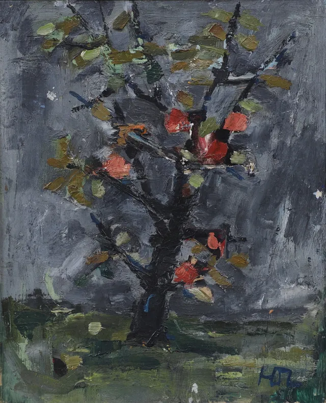 HANS OSVALD LARSSON. "Äppelträd", olja på pannå, signerad.