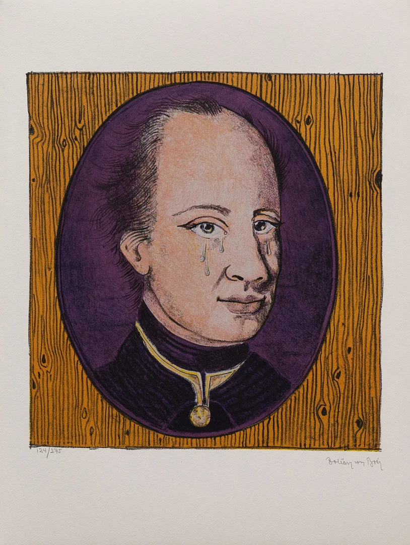 ZOLTAN VON BOER. "Karl den XII's tårar", färglitografi, signerad och numrerad. — Engravings & Prints — Garpenhus Auktioner