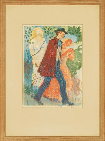Egner, Thorbjørn — "Gertrud møter prestesønnen og bydamen på stien" 1944 — Kunst/Grafikk — Blomqvist
