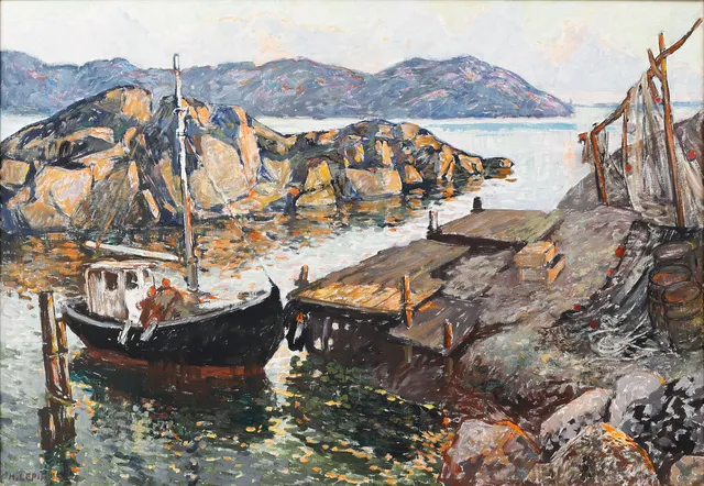 HUGO LEPIK. Fiskeläge, olja på duk, signerad.