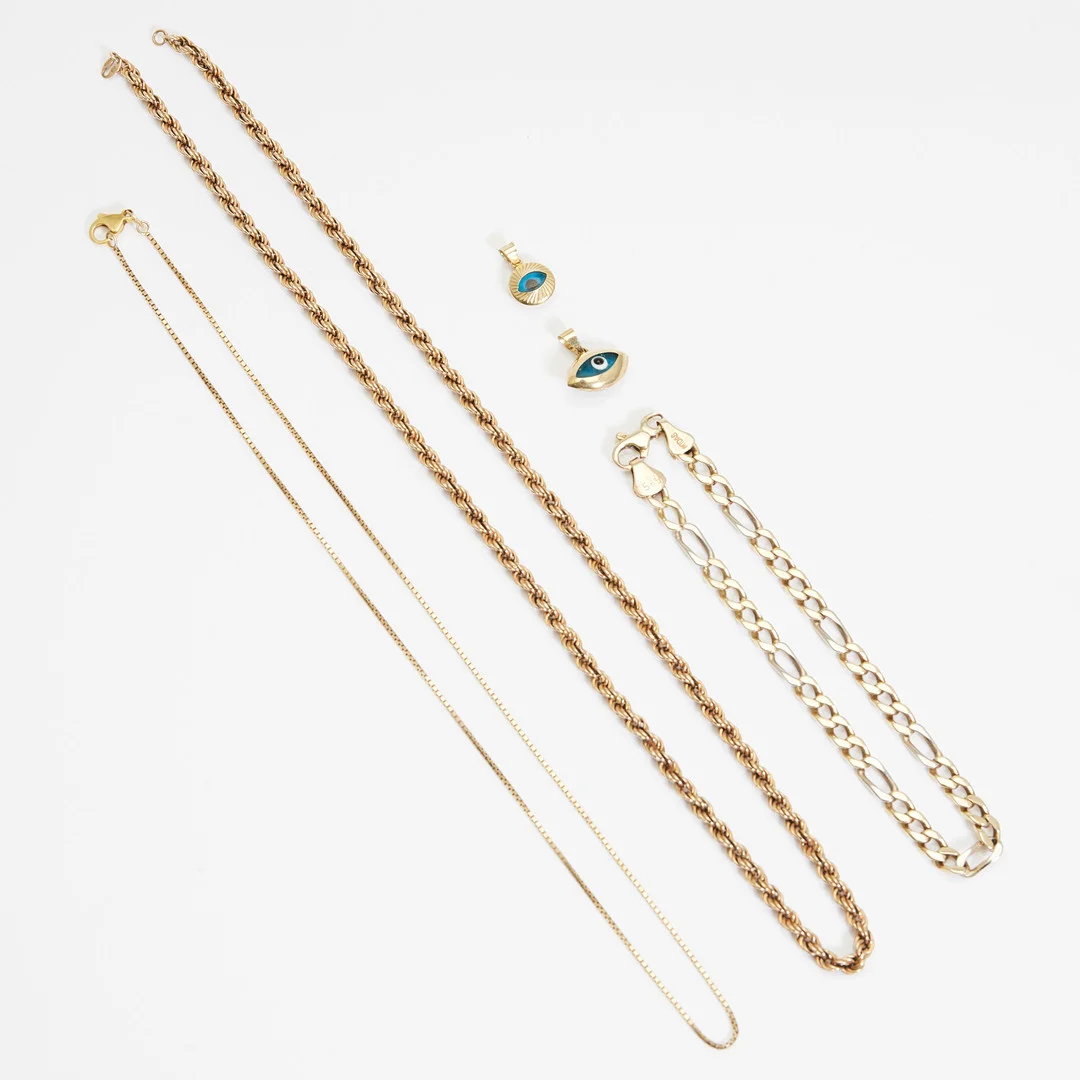 Set Schmuck, 585er & 375er Gelb- und Weißgold, Glas (5). — Jewellery — Stockholms Auktionsverk Köln