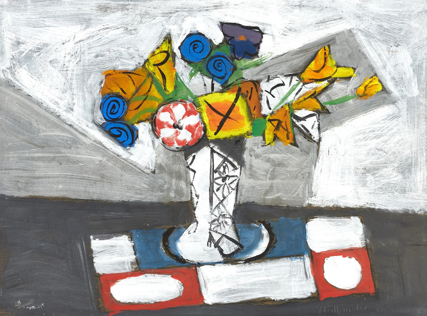 GUNNAR HÅLLANDER (1915-1980). "Blomster Stilleben", signerad a tergo, utförd 1965, akryl på pannå. — Paintings — Crafoord Auktioner Stockholm