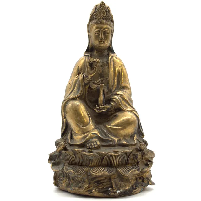 CHINESISCHE GUANYIN-FIGUR MIT BUDDHA-HAND- UND WERKSTATTMARKE, METALL. 20. JAHRHUNDERT.